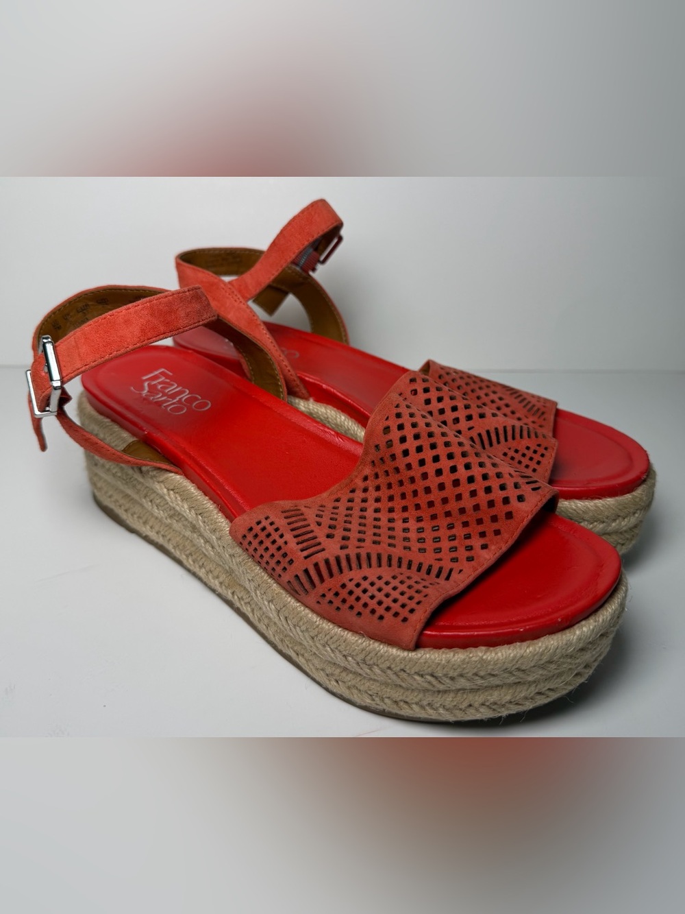 NWT Franco Sarto Tennia 7 Coral Red Espadrille Jute Wedge Suede Leather Sandal - Picture 4 of 16